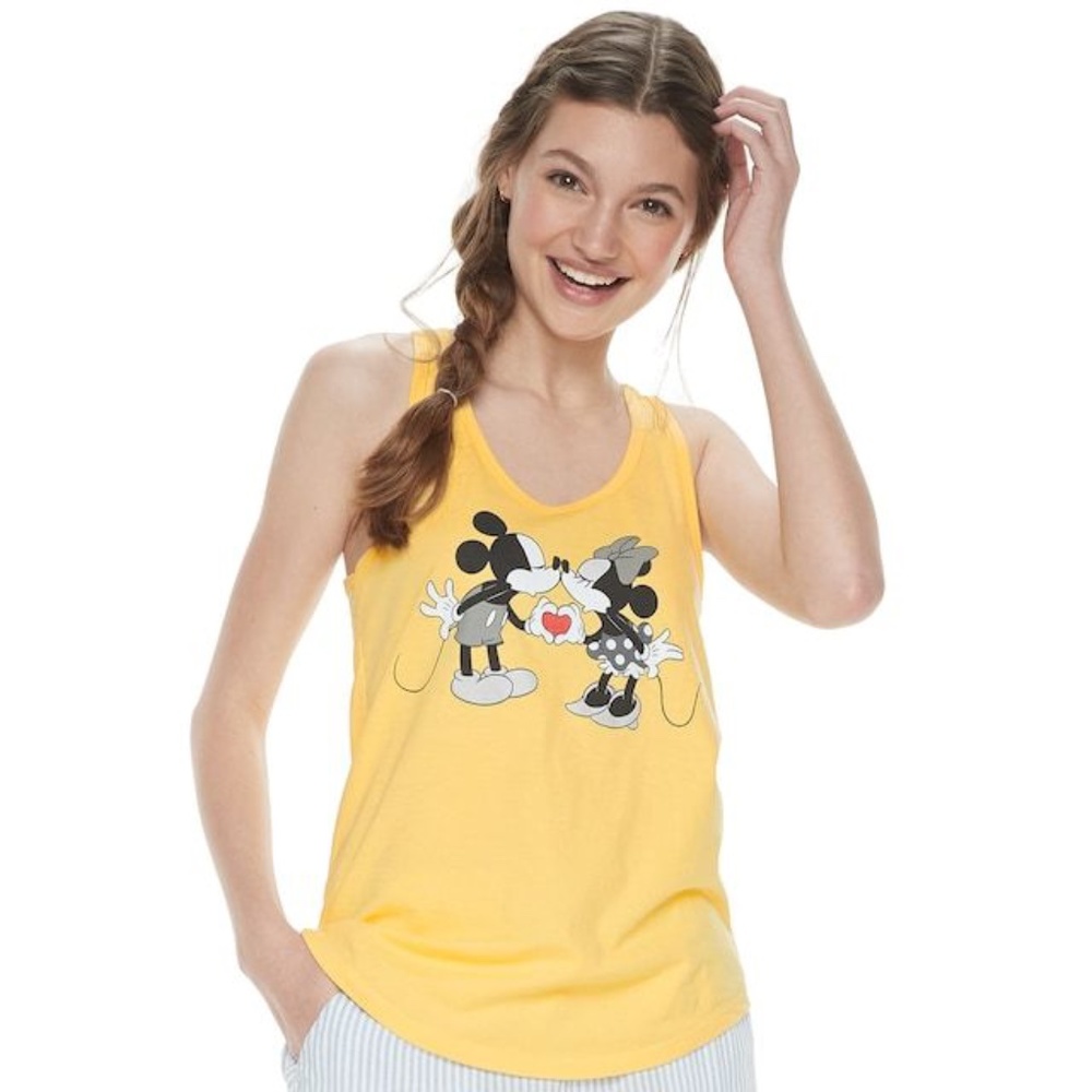 Disney Mickey Minnie Kiss Yellow Racerback Tank Top Cute Graphic NWT S